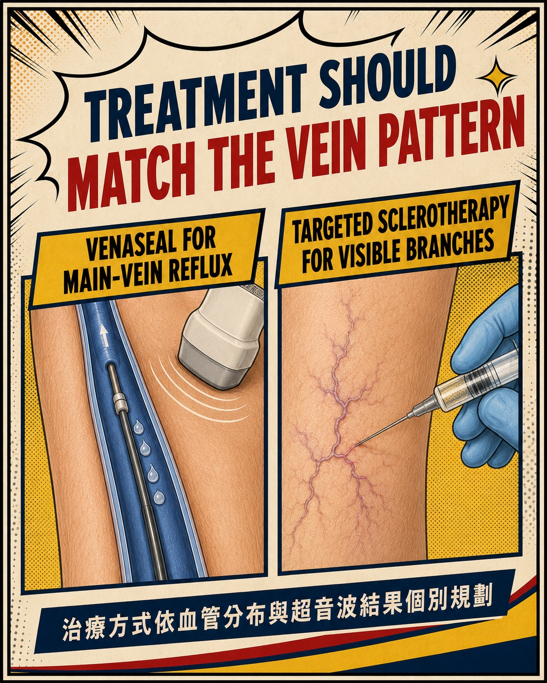 VenaSeal medical adhesive for main-vein reflux and targeted sclerotherapy for visible branches