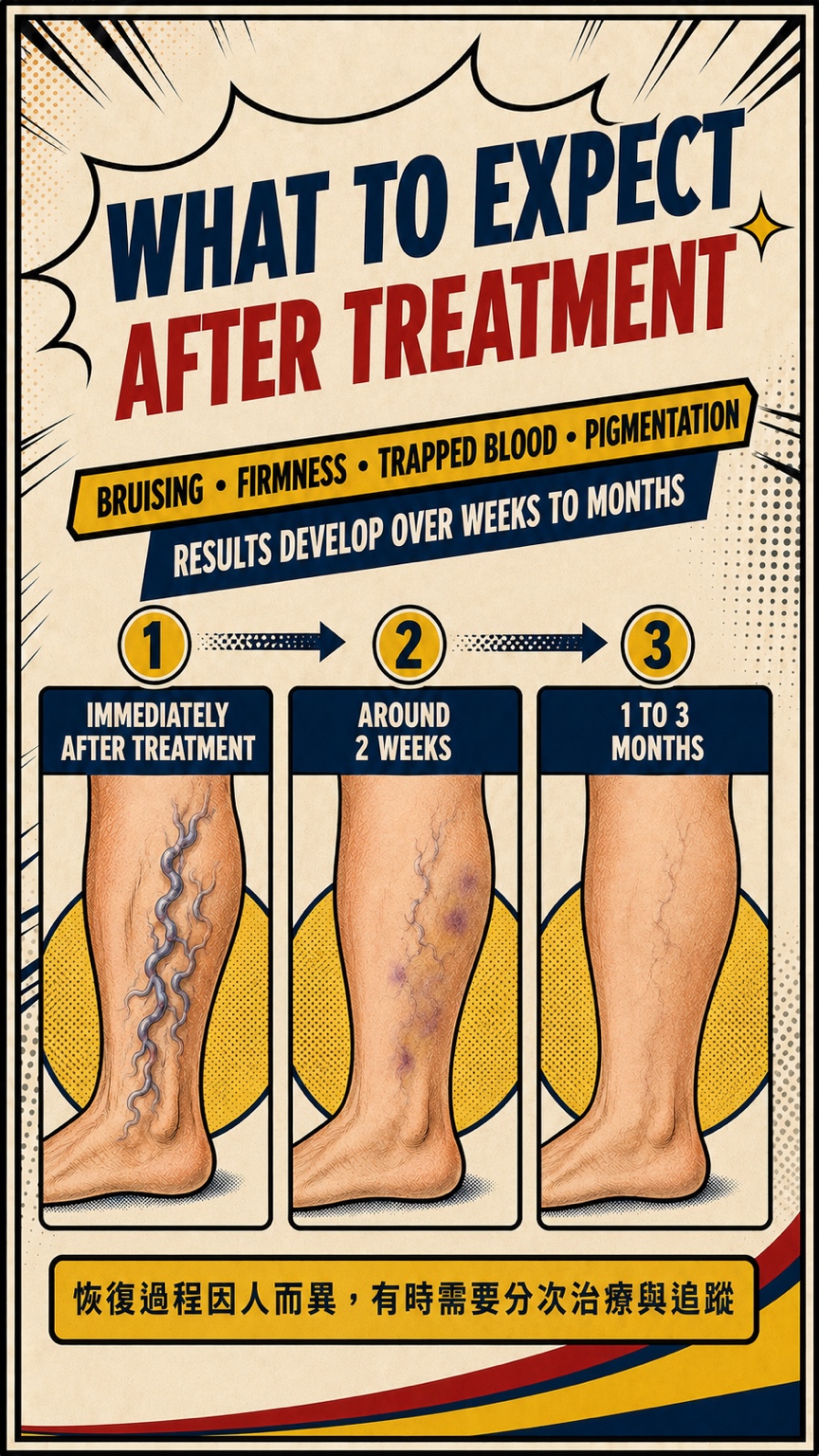 Illustrated recovery after bulging-vein treatment from immediately afterward to two weeks and one to three months