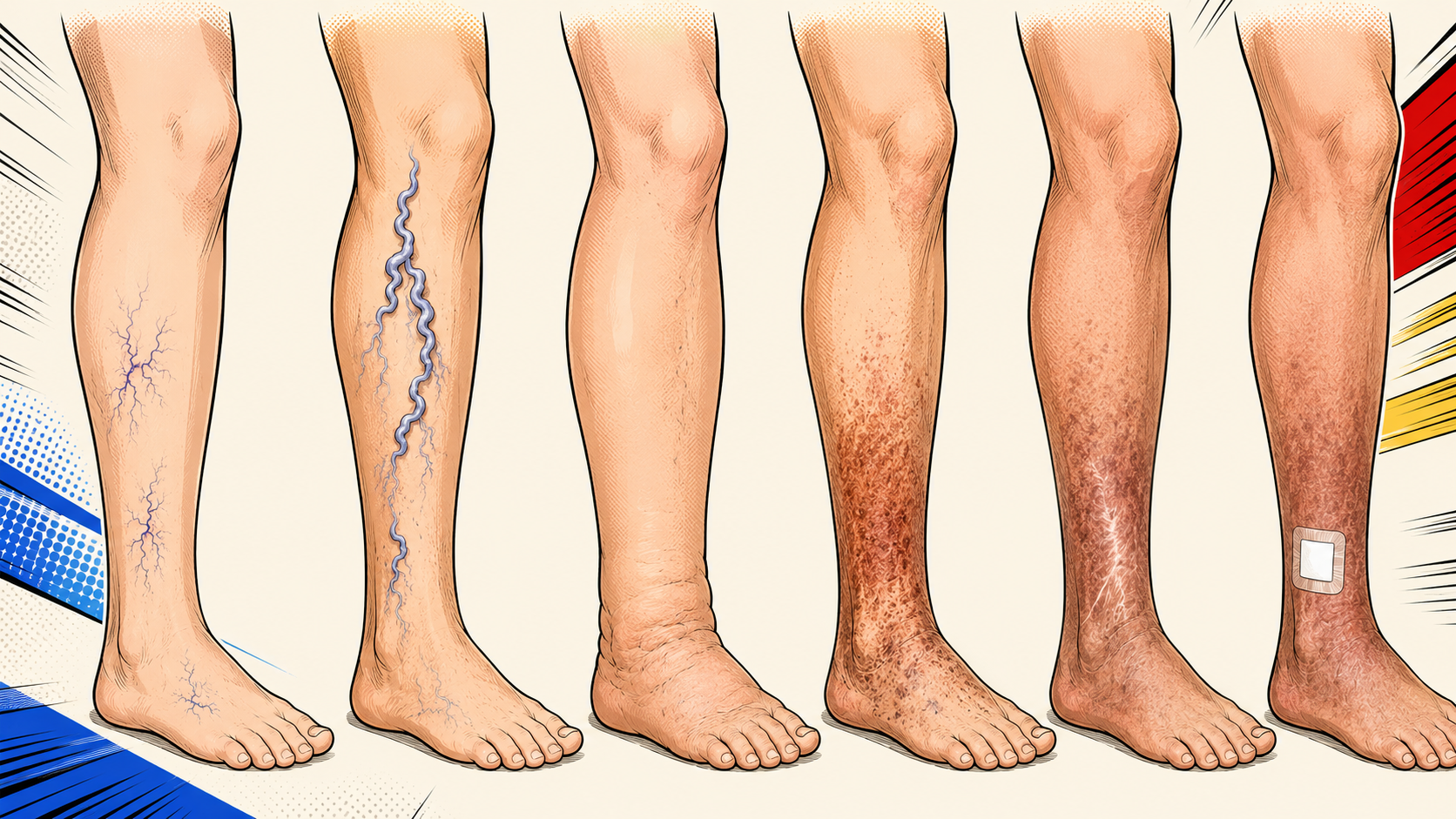 Anime-style illustration showing progressive signs of chronic venous disease
