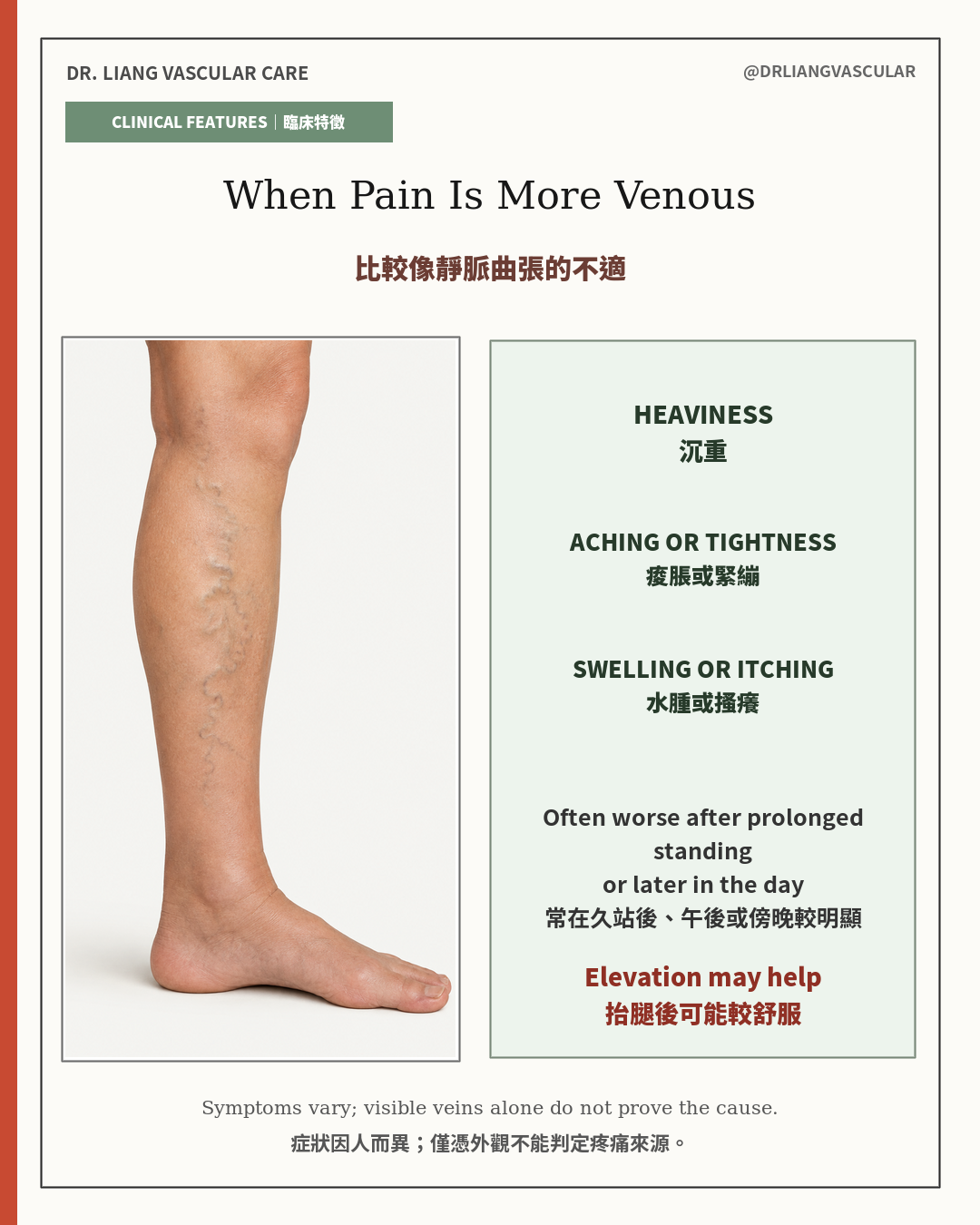 Common venous pain clues including heaviness, aching, tightness, swelling and itching that may worsen after prolonged standing